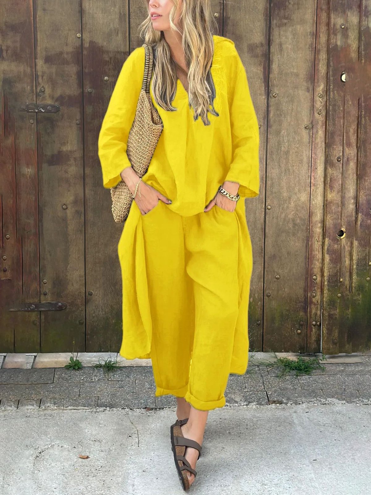 Women Casual Plain Summer V neck Lightweight No Elasticity Daily Pullover Top With Pants Two-Piece Sets