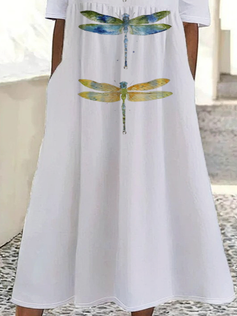 Women's Short Sleeve Summer White Dragonfly Printing Crew Neck Daily Going Out Casual Maxi H-Line Shift Dress Dress