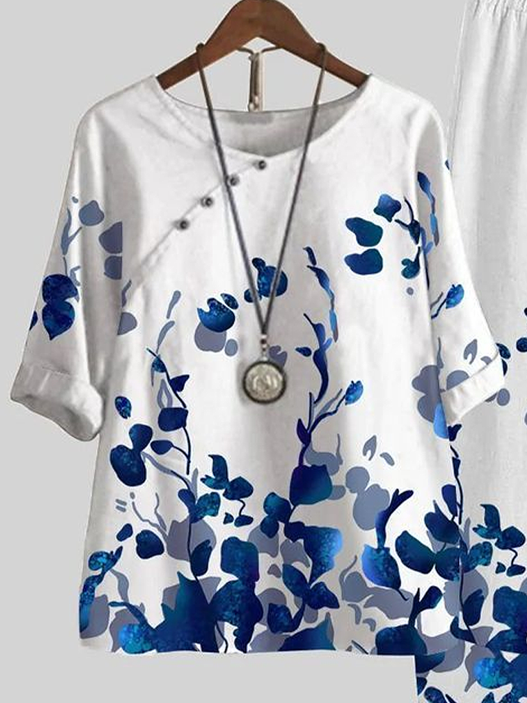 Women's Printing Floral Daily Going Out Two-Piece Set White Casual Summer Top With Pants Matching Set