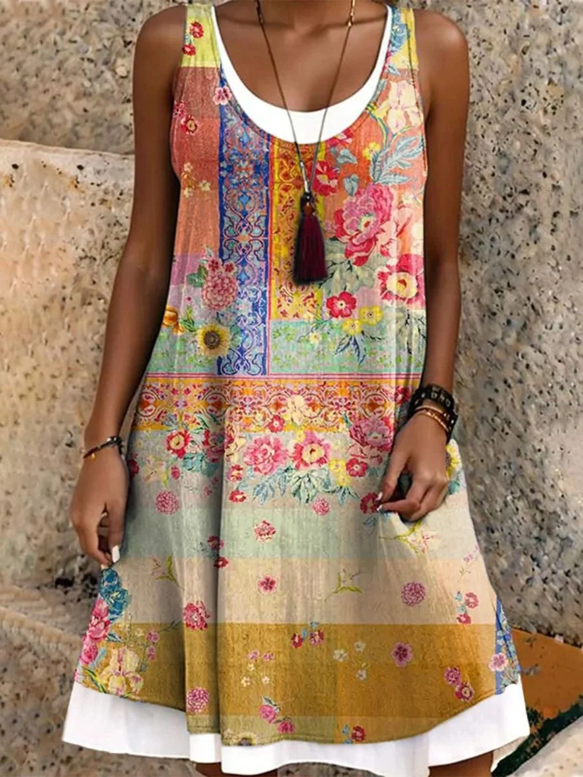 Crew Neck Regular Fit Boho Dress With No