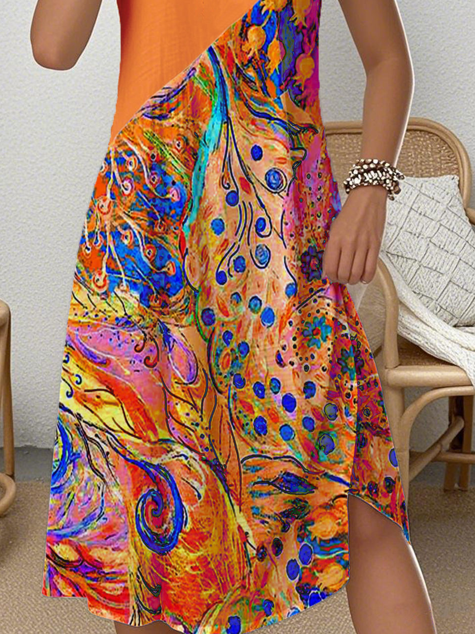 Simple Crew Neck Psychedelic Art Dress With No