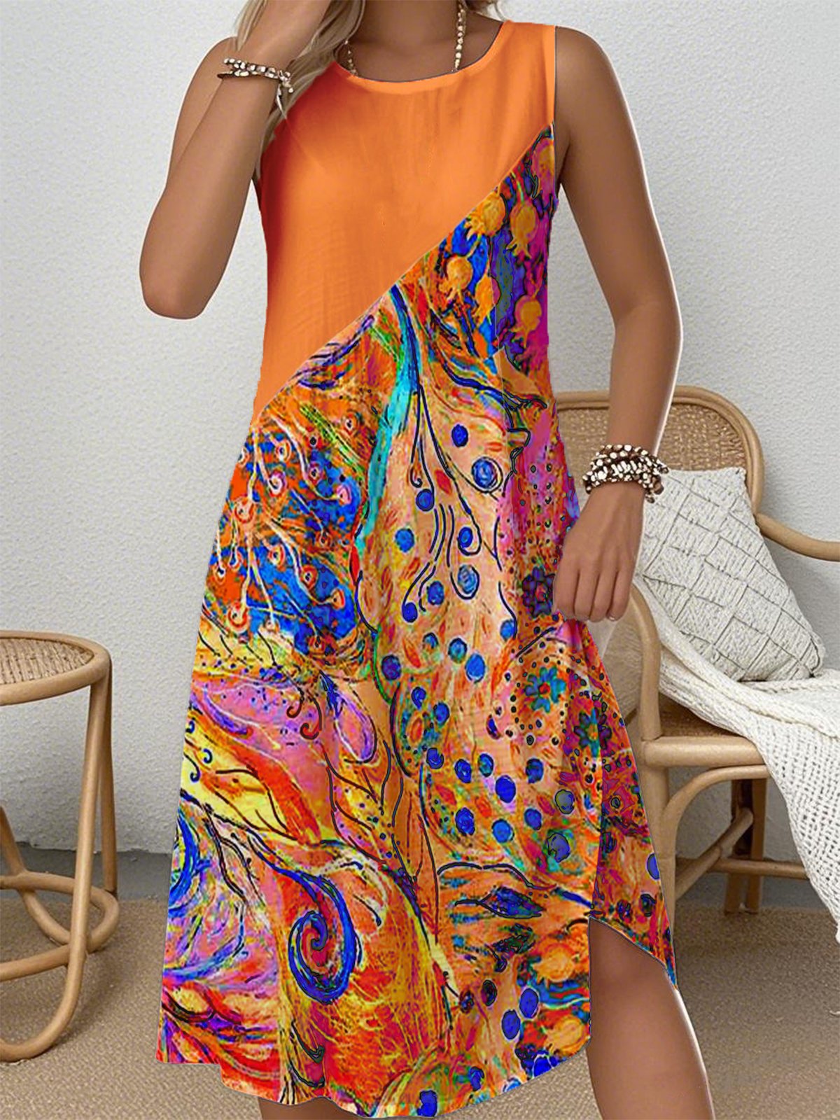 Simple Crew Neck Psychedelic Art Dress With No