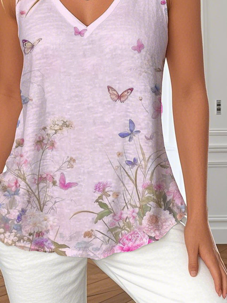 V Neck Butterfly Casual T-Shirt