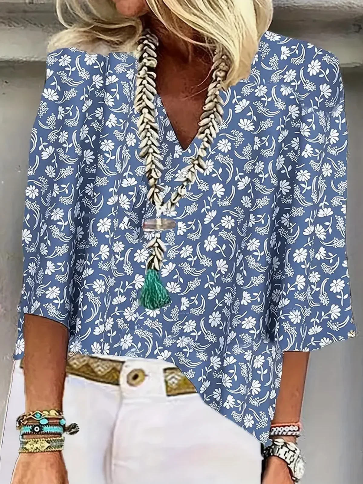 Plants Shawl Collar Casual Cotton Blouse