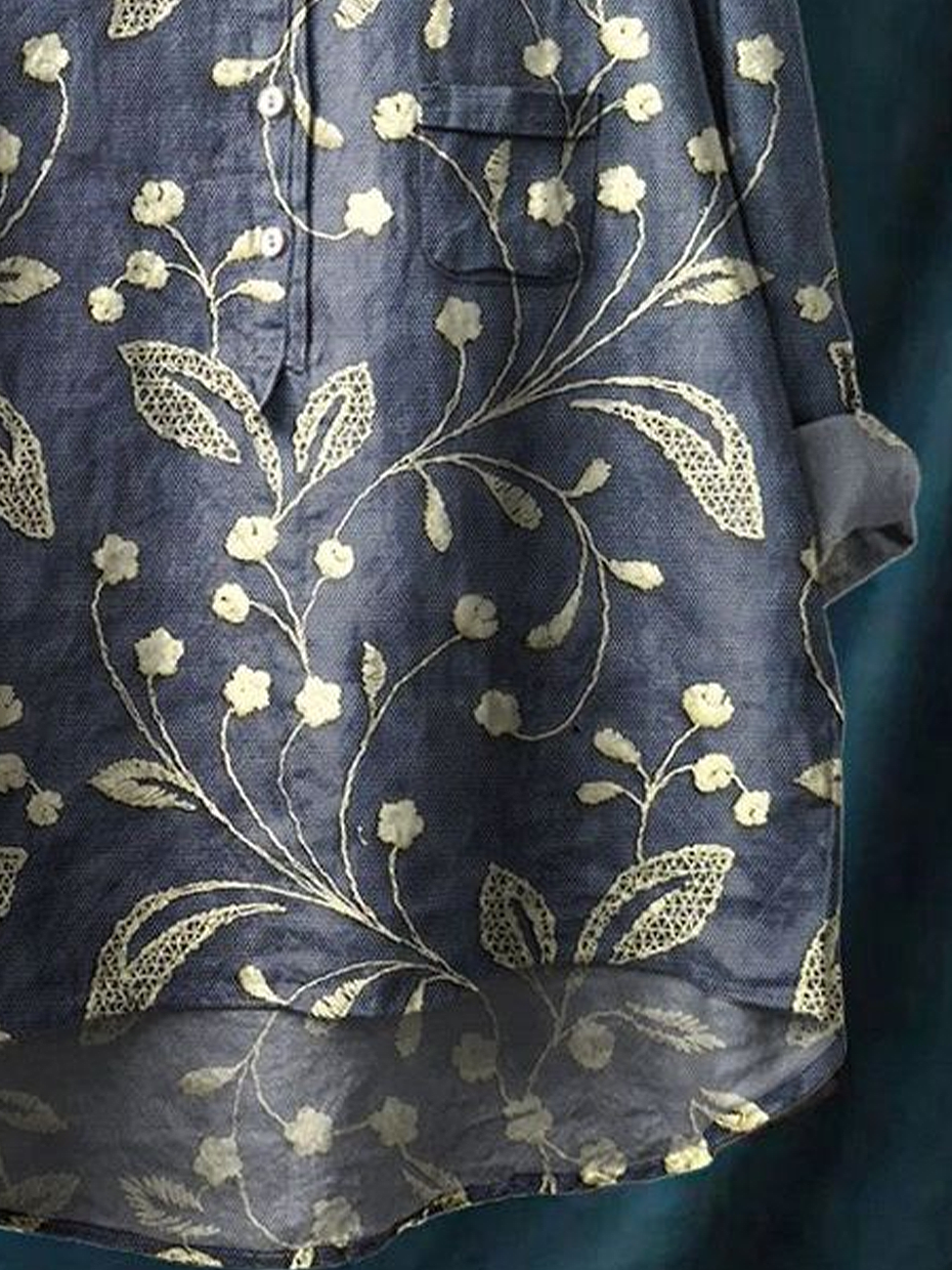 Women's Floral Spring Print Casual Half Collar Button-Down Shirt