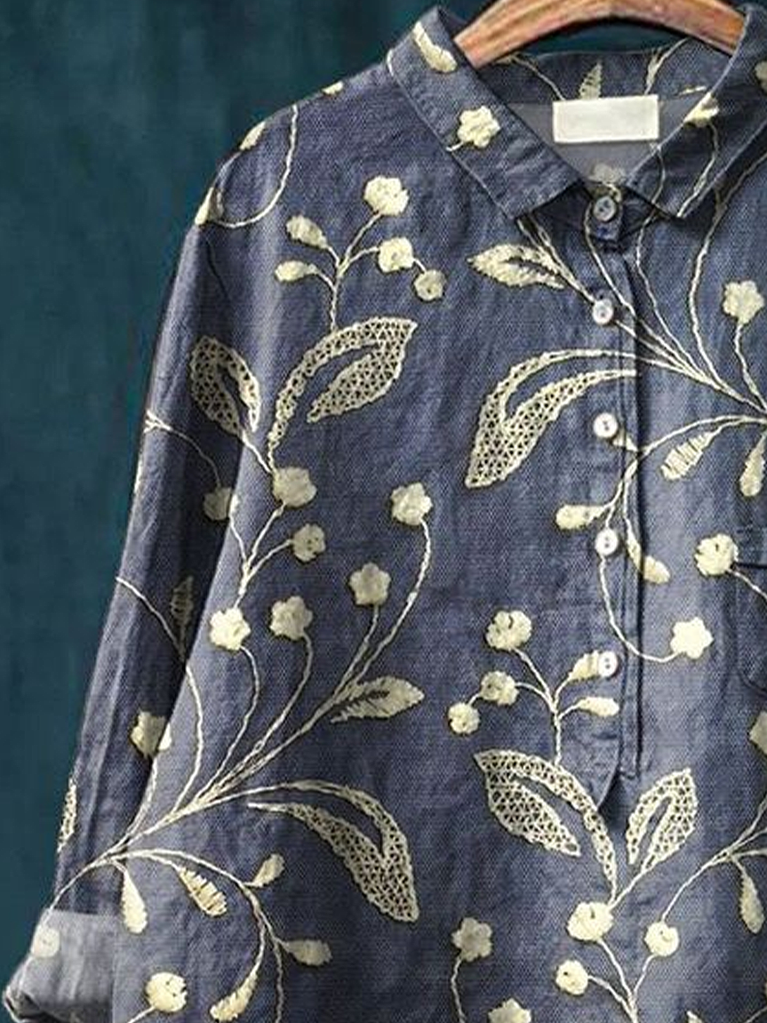 Women's Floral Spring Print Casual Half Collar Button-Down Shirt