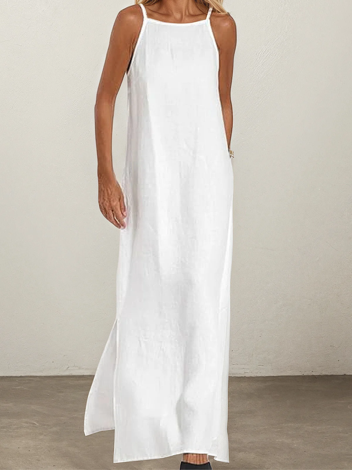 Vacation Plain Pocket Stitching Square Neck linen-cotton Maxi Dress