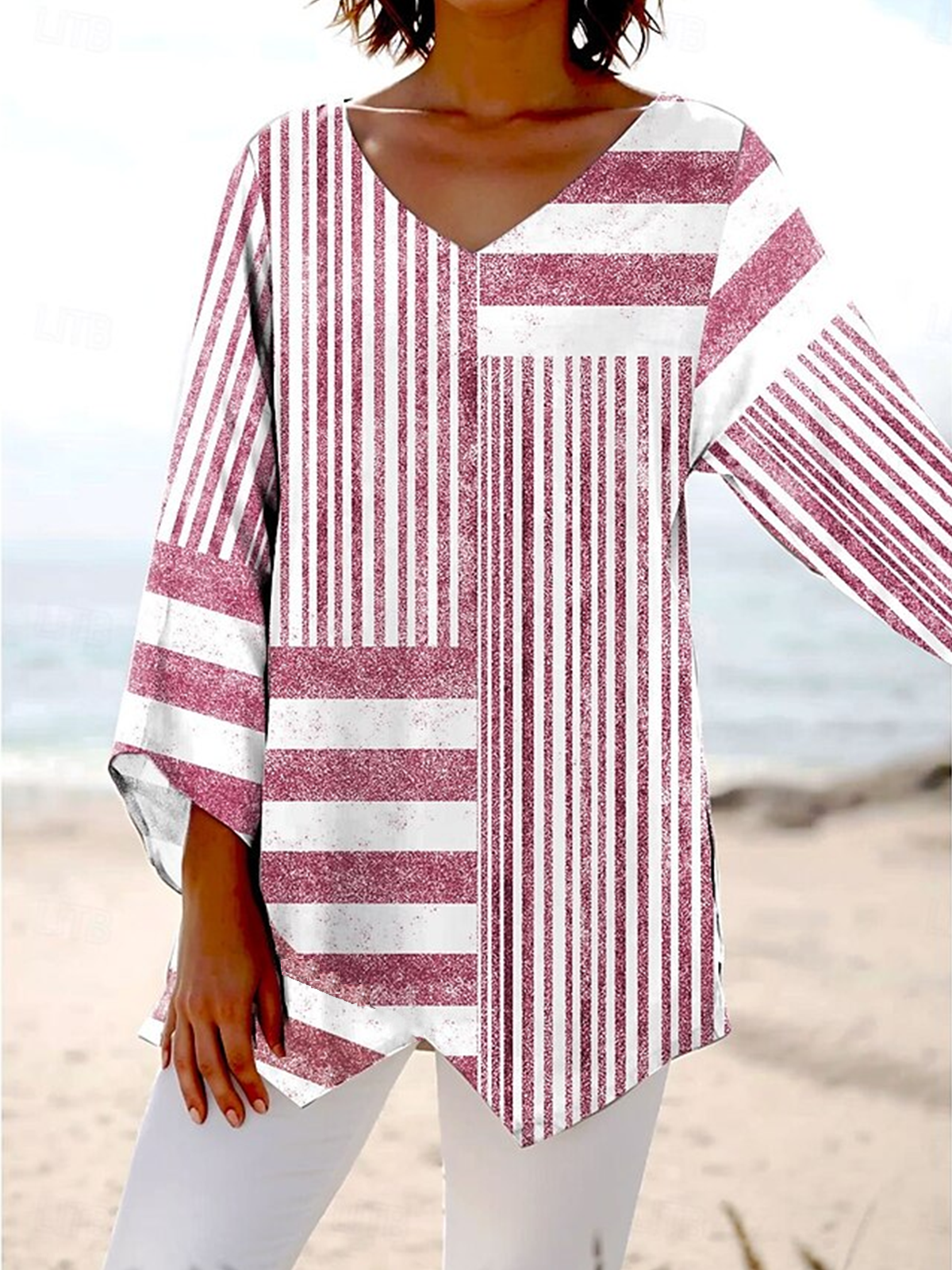 V Neck Cotton Striped Elegant Blouse