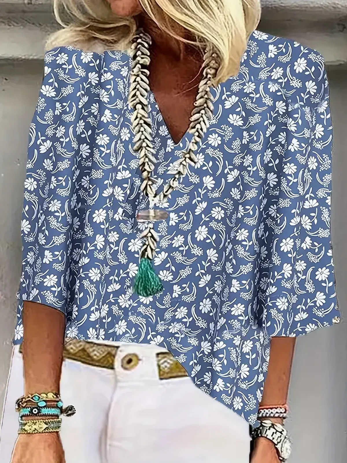 Plants Shawl Collar Casual Cotton Blouse