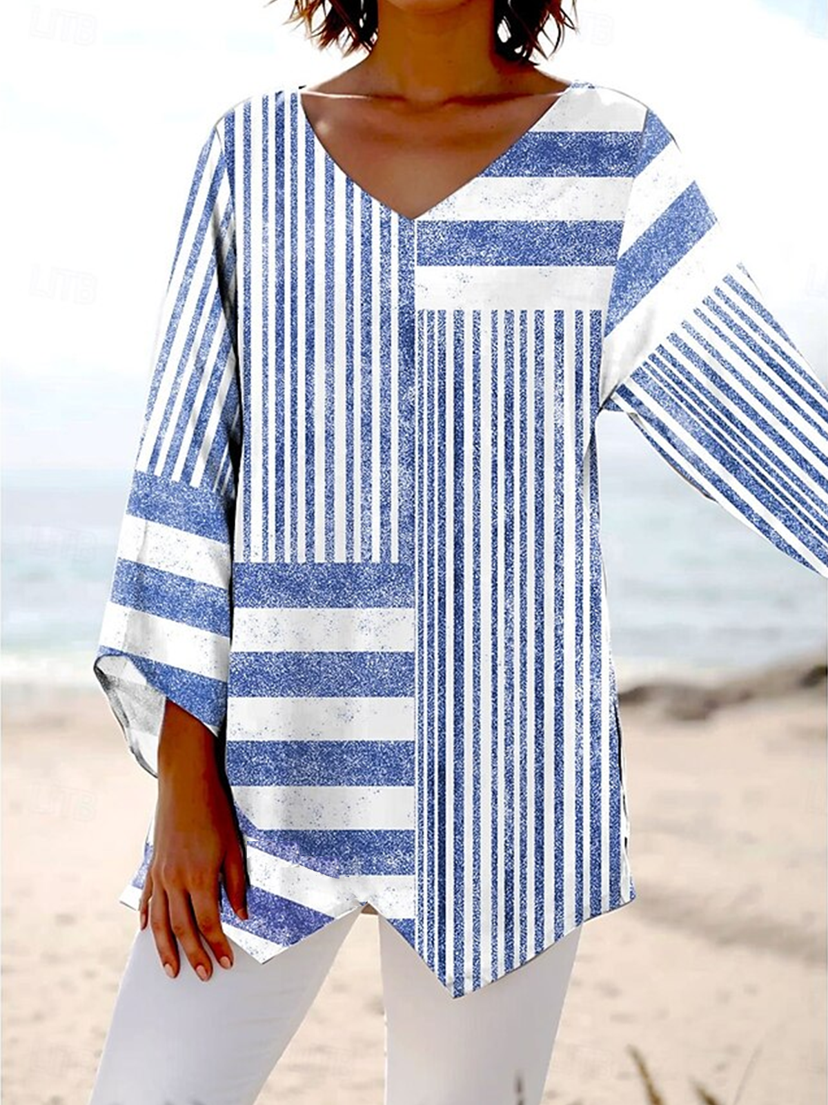 V Neck Cotton Striped Elegant Blouse
