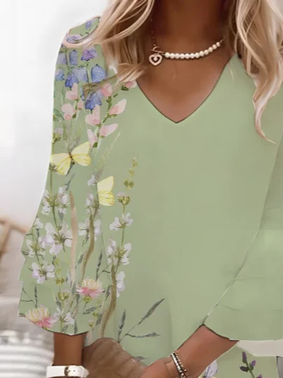 Women's Half Sleeve Summer Green Floral Printing V Neck Daily Going Out Casual Midi H-Line Classic Dress