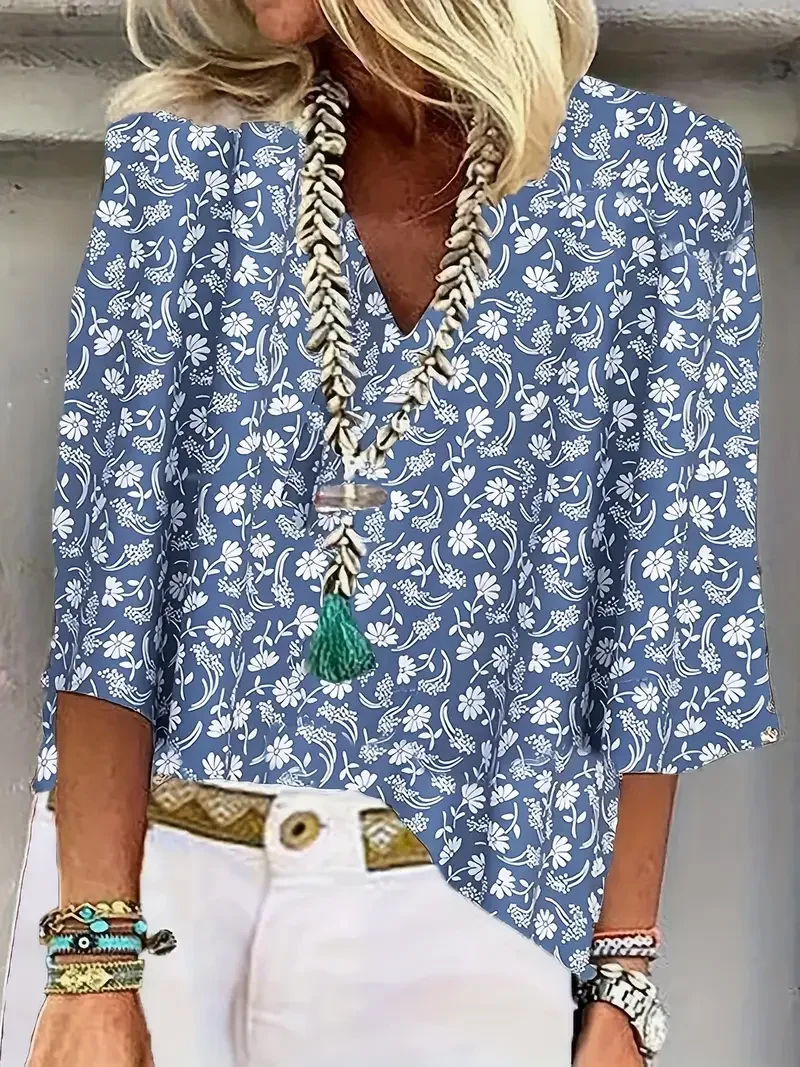 Plants Shawl Collar Casual Cotton Blouse