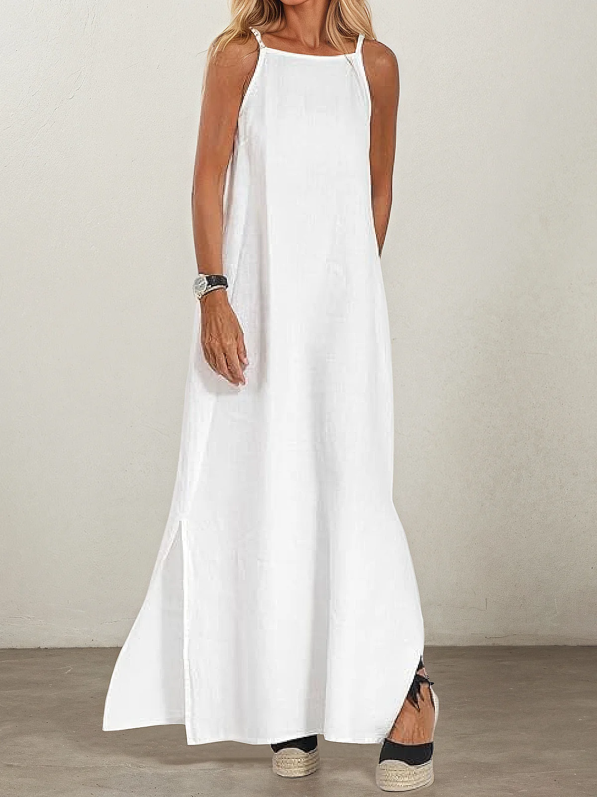 Vacation Plain Pocket Stitching Square Neck linen-cotton Maxi Dress