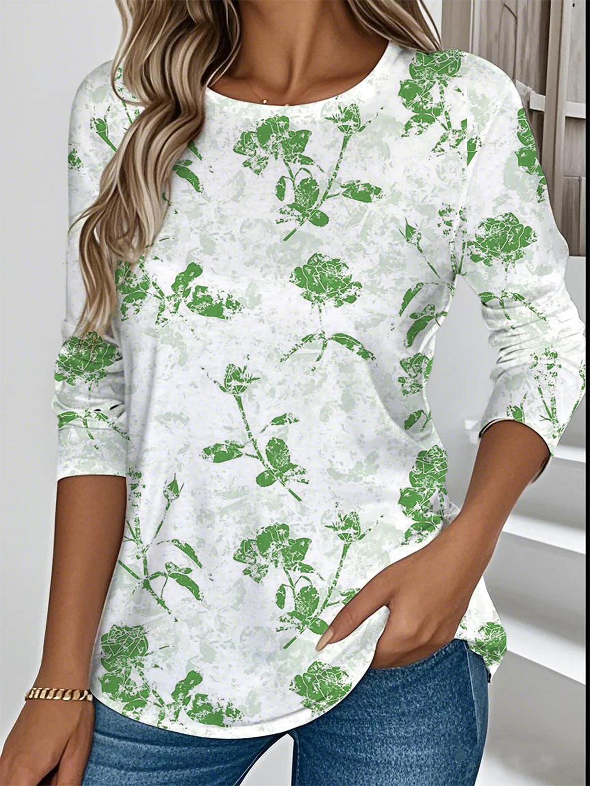 Floral Casual Crew Neck Jersey T-Shirt