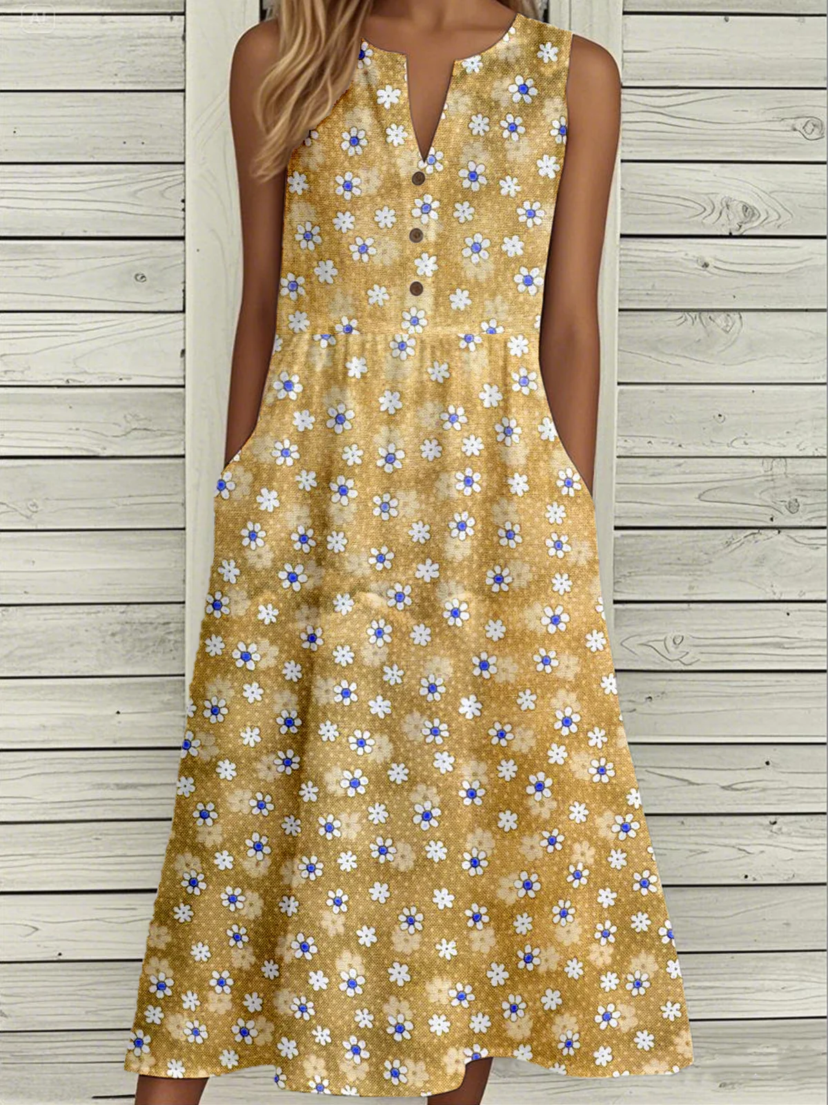 Casual Notched Floral Loose Dress With No