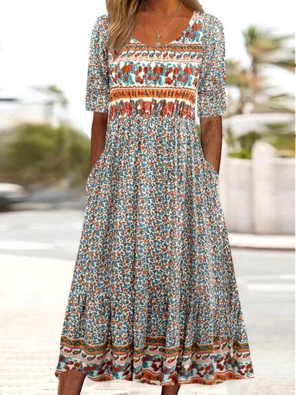 Regular Fit Cotton Crew Neck Boho Dress With No
