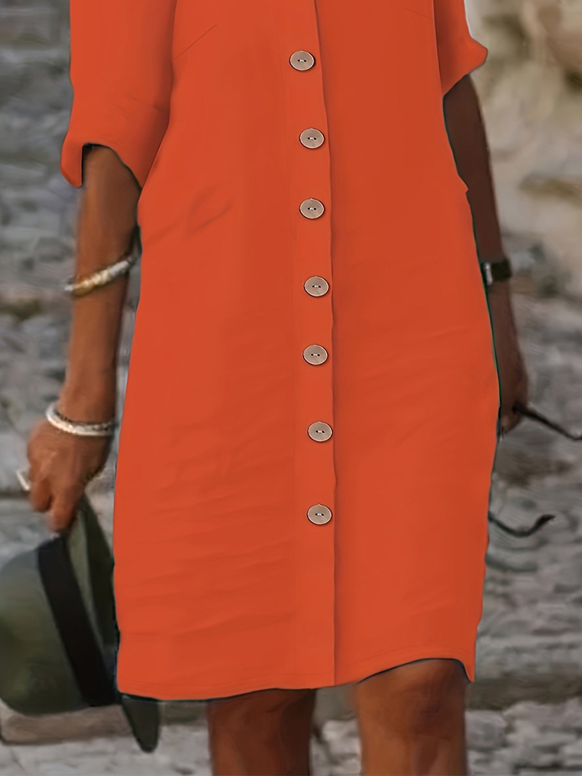 Casual Plain Button Stand Collar Midi Dress