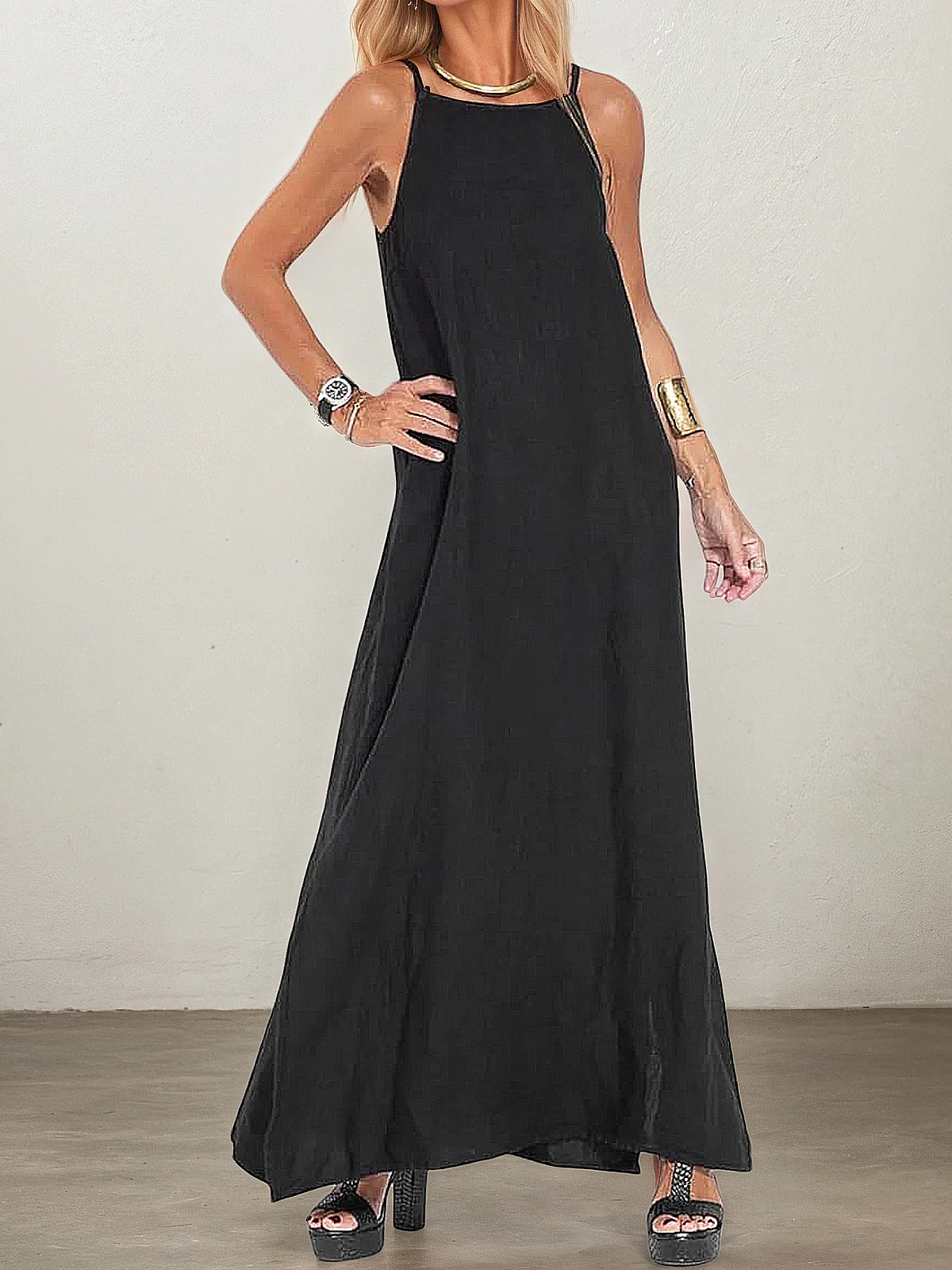 Vacation Plain Pocket Stitching Square Neck linen-cotton Maxi Dress