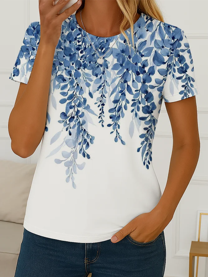 Women's Floral Print Casual Crew Neck Short Sleeve T-Shirt