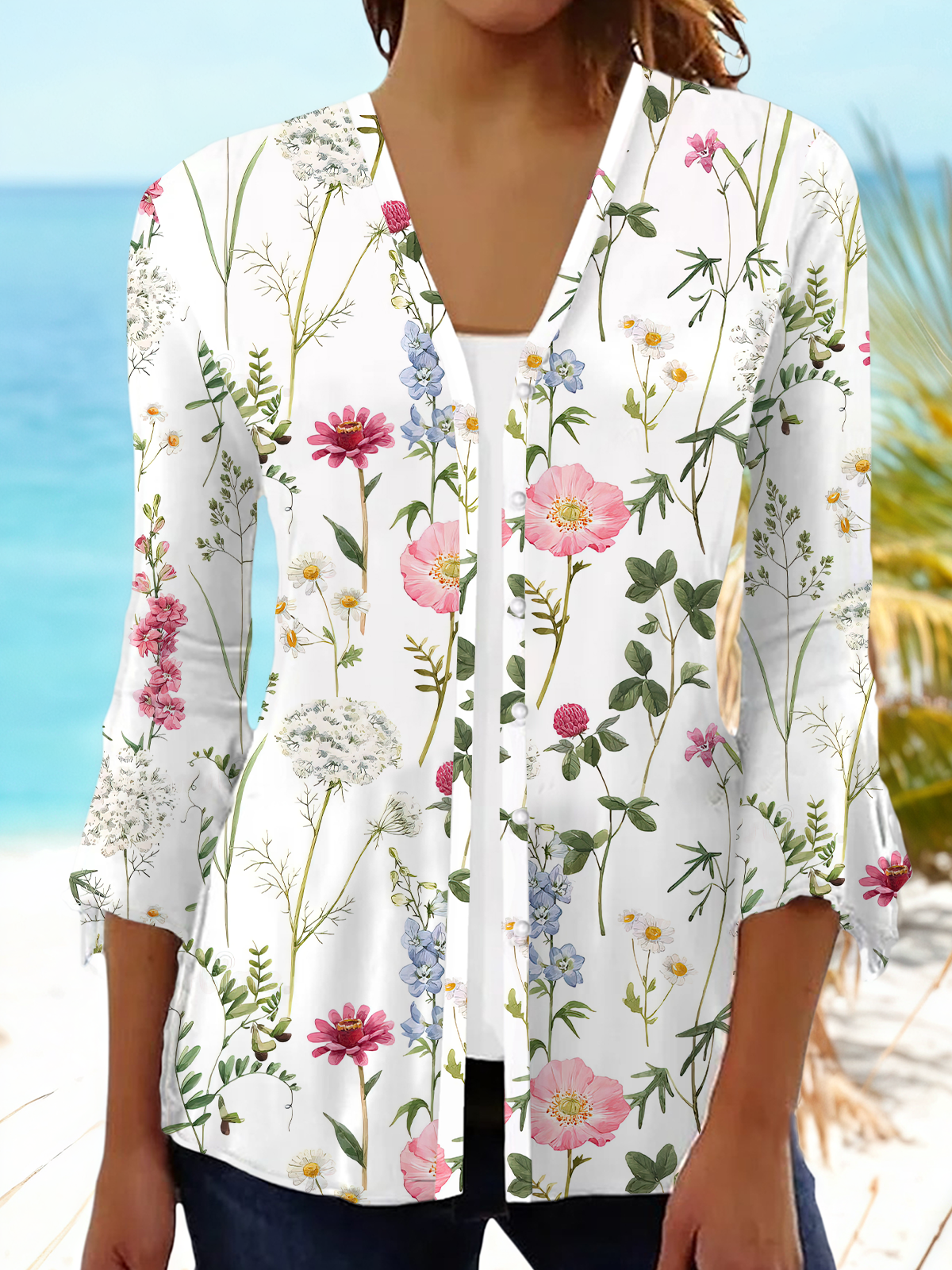 Women's Floral Print Casual Half Sleeve Cardigan