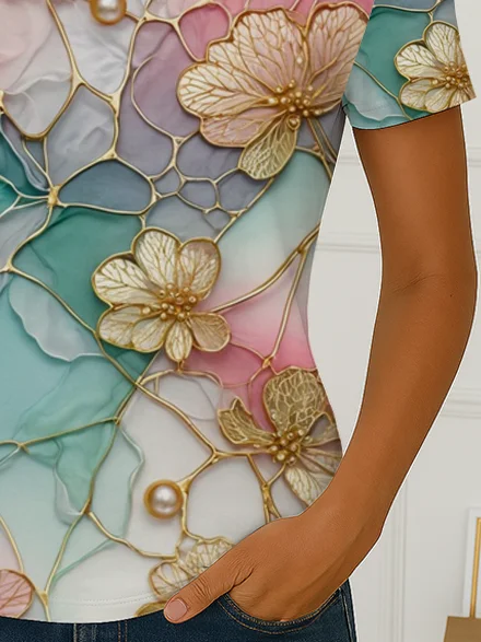 Women's Floral Print Casual Crew Neck Short Sleeve T-Shirt