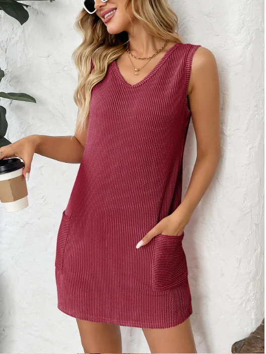 Women's Sleeveless Summer Deep Gray Plain V Neck Daily Going Out Casual Midi H-Line Tank Dress