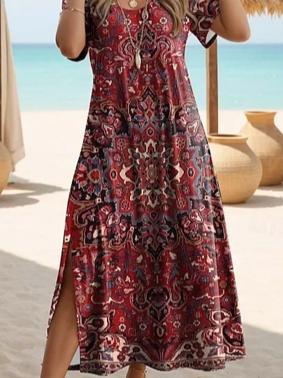 Women's Artistic Floral Print Slit Long Dress