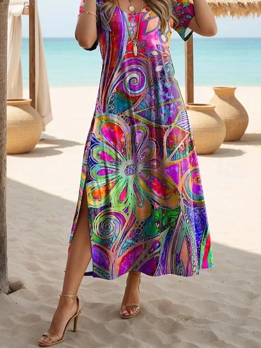 Women's Artistic Floral Print Slit Long Dress