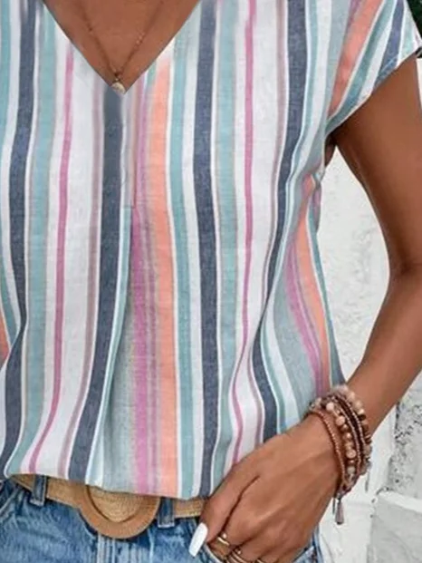 Women's Striped Print Casual V-Neck Short Sleeve T-Shirt