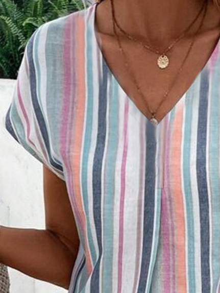 Women's Striped Print Casual V-Neck Short Sleeve T-Shirt