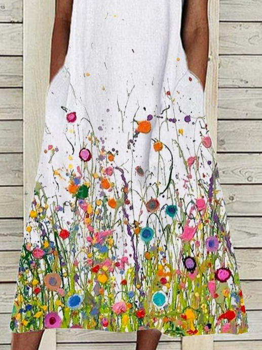 Women's Sleeveless Summer White Floral Printing Crew Neck Daily Going Out Casual Maxi H-Line Fit & Flare Dress Dress