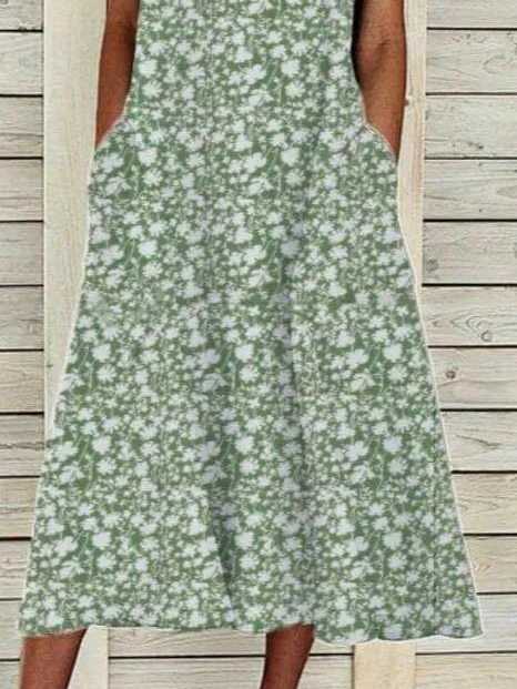 Women's Sleeveless Summer Green Floral Printing Crew Neck Daily Going Out Casual Maxi H-Line Fit & Flare Dress Dress