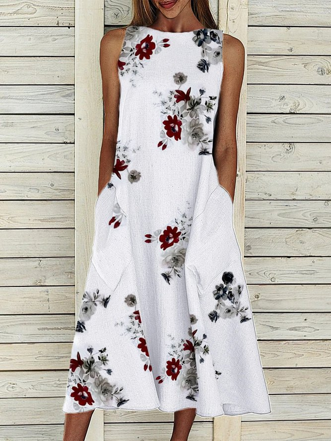 Women's Sleeveless Summer White Floral Printing Crew Neck Daily Going Out Casual Maxi H-Line Fit & Flare Dress Dress