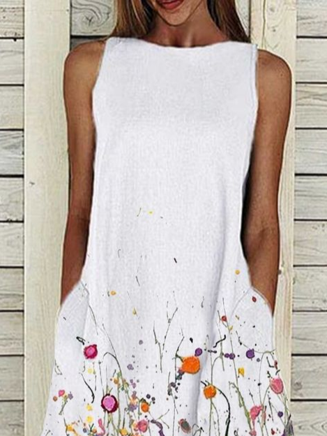 Women's Sleeveless Summer White Floral Printing Crew Neck Daily Going Out Casual Maxi H-Line Fit & Flare Dress Dress