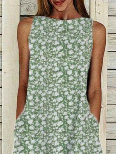 Women's Sleeveless Summer Green Floral Printing Crew Neck Daily Going Out Casual Maxi H-Line Fit & Flare Dress Dress