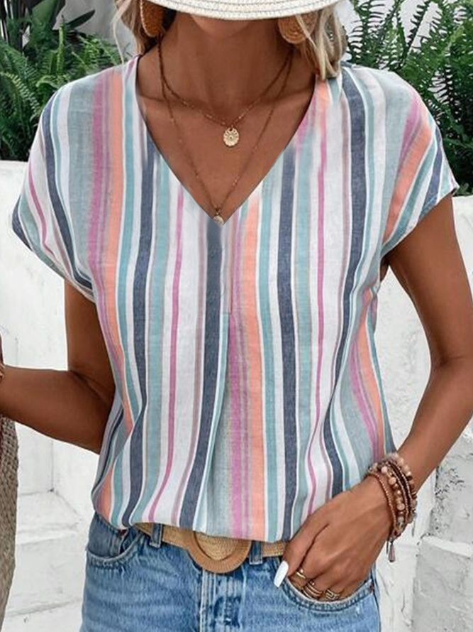 Women's Striped Print Casual V-Neck Short Sleeve T-Shirt