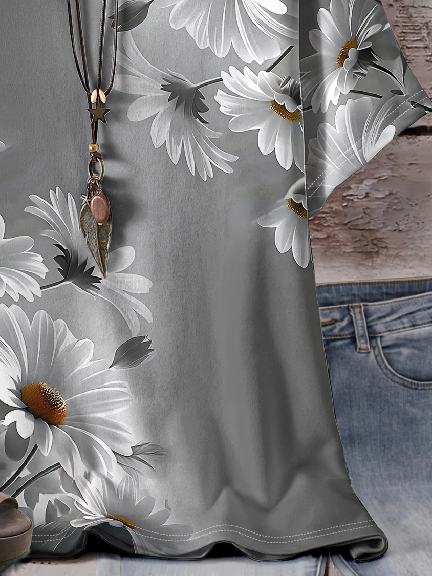 Women's Short Sleeve T-shirt Summer Gray Floral Printing Crew Neck Daily Going Out Casual Top