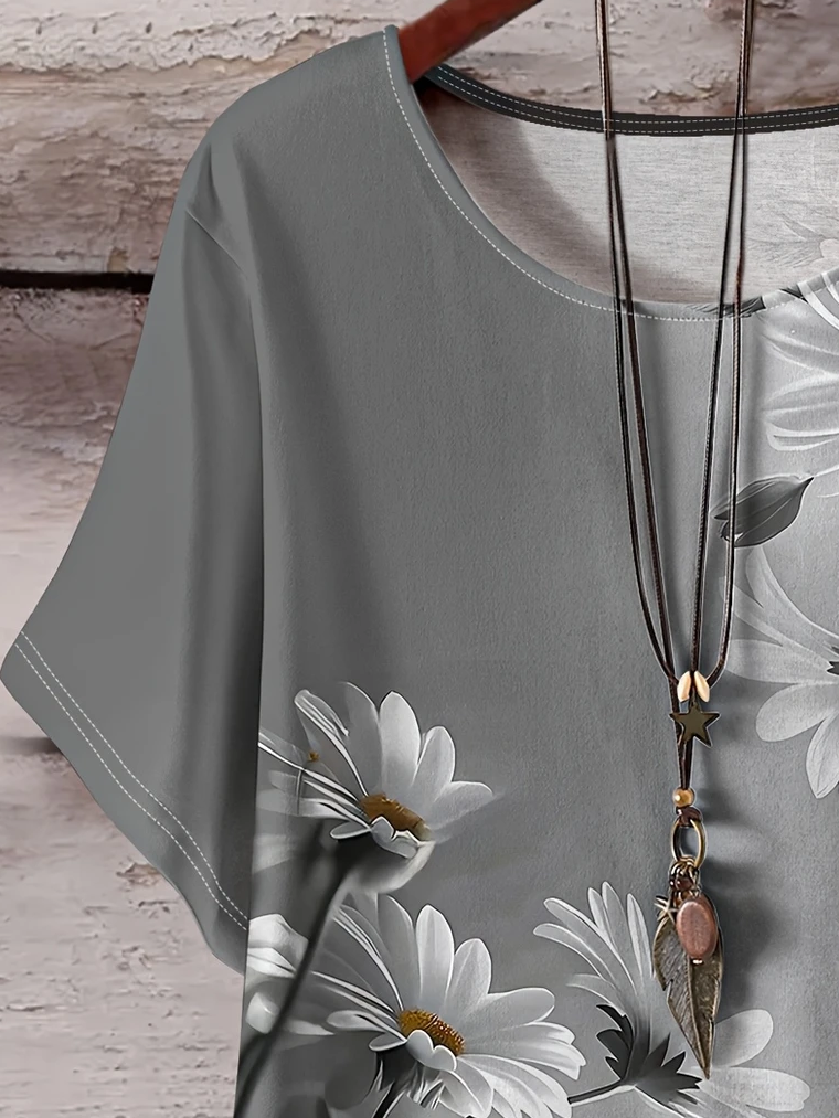 Women's Short Sleeve T-shirt Summer Gray Floral Printing Crew Neck Daily Going Out Casual Top