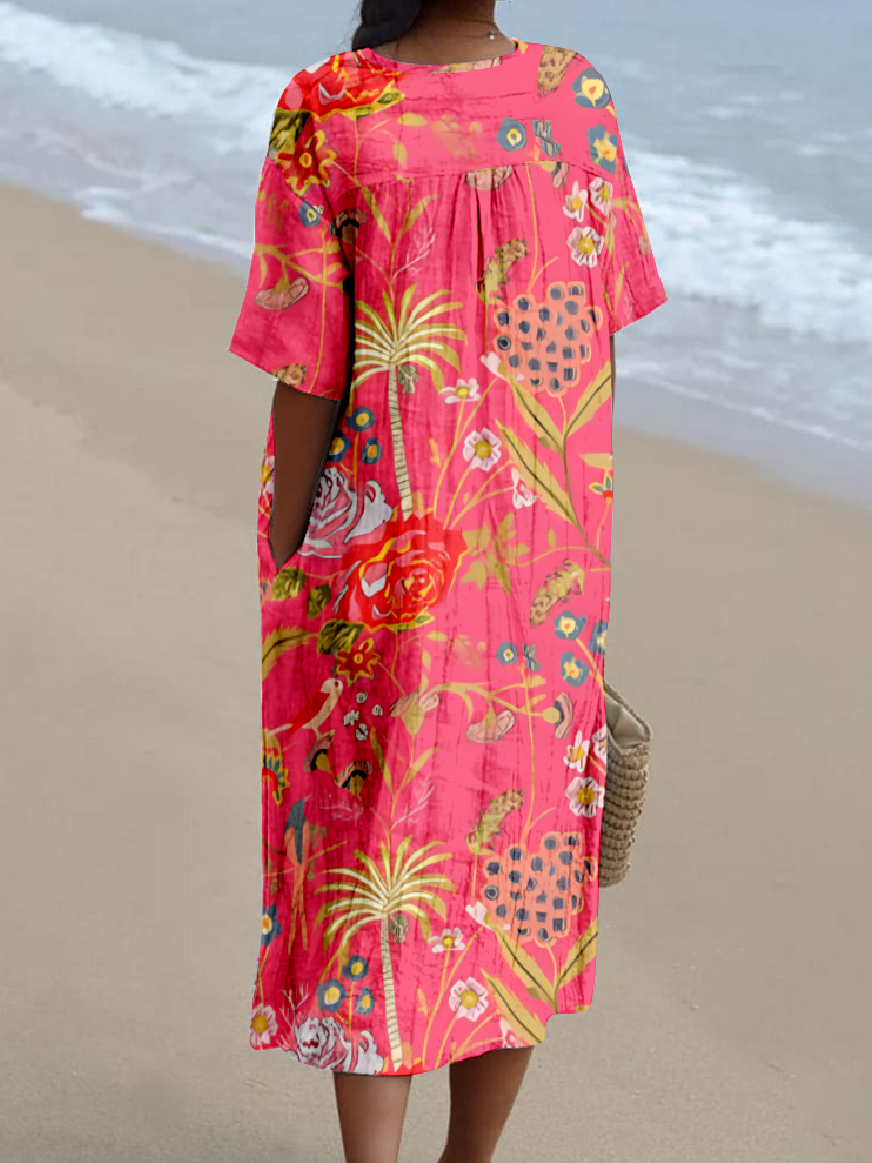 Tropical Casual V Neck Loose Dress With No