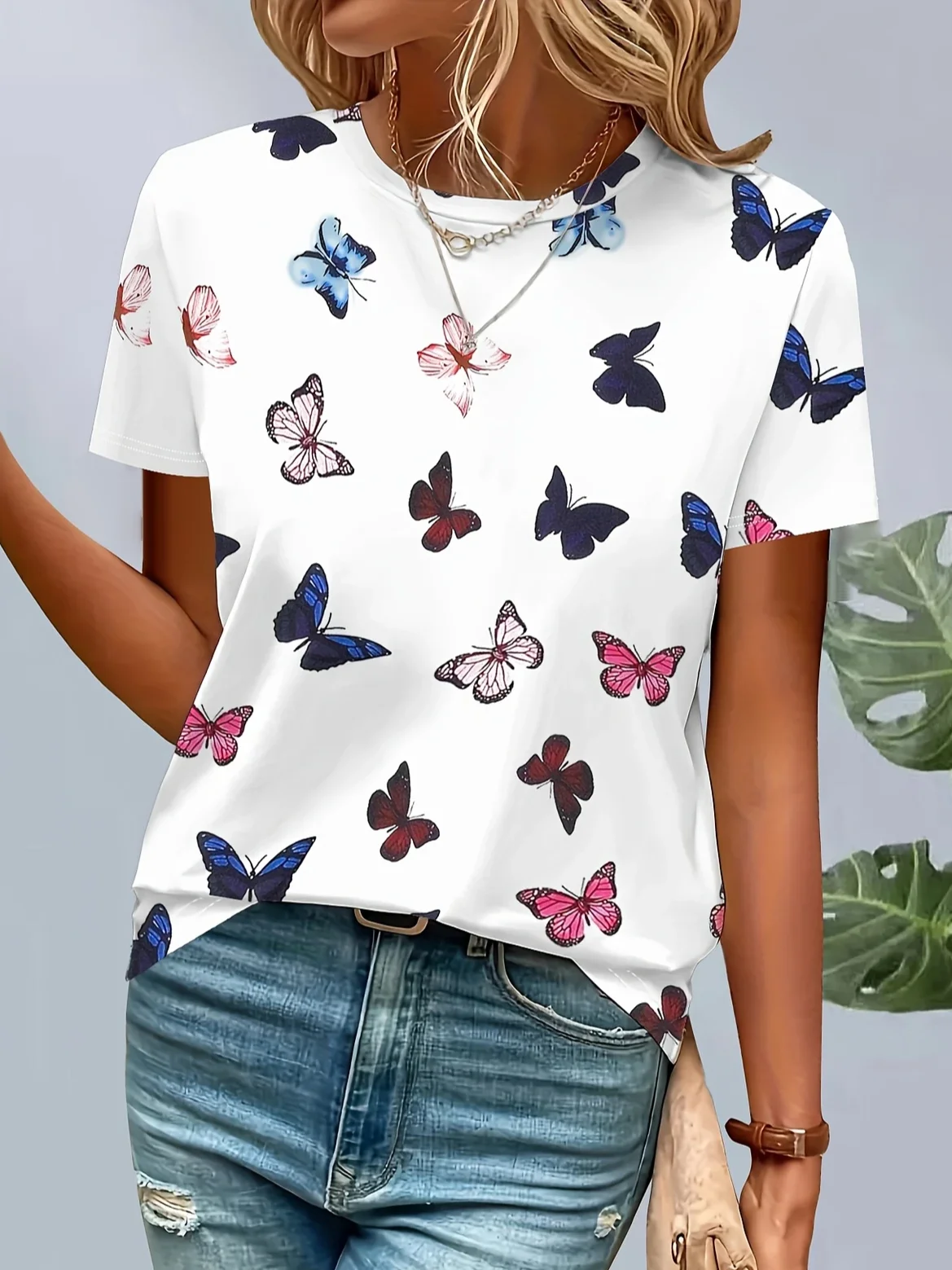 Women's Butterfly Print Casual Round Neck Short Sleeve T-Shirt