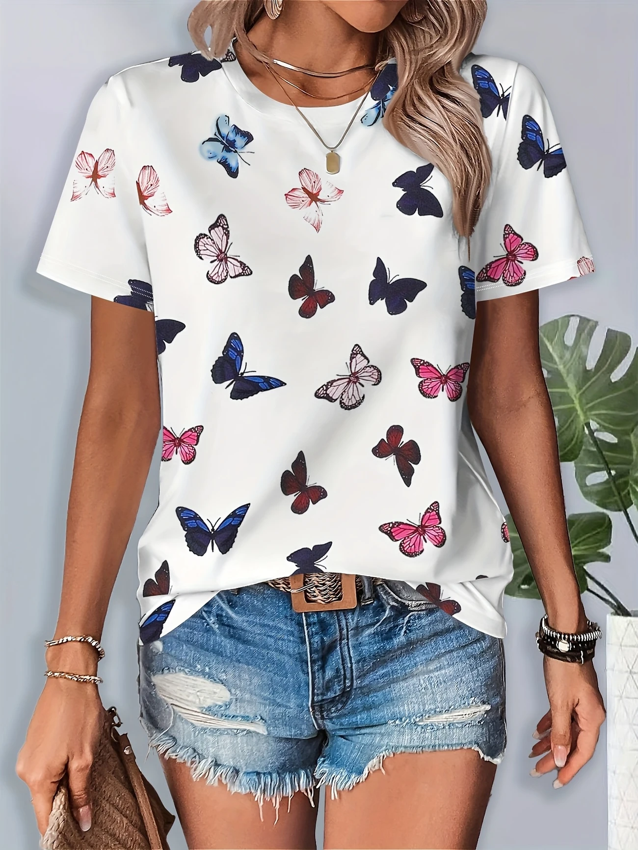 Women's Butterfly Print Casual Round Neck Short Sleeve T-Shirt