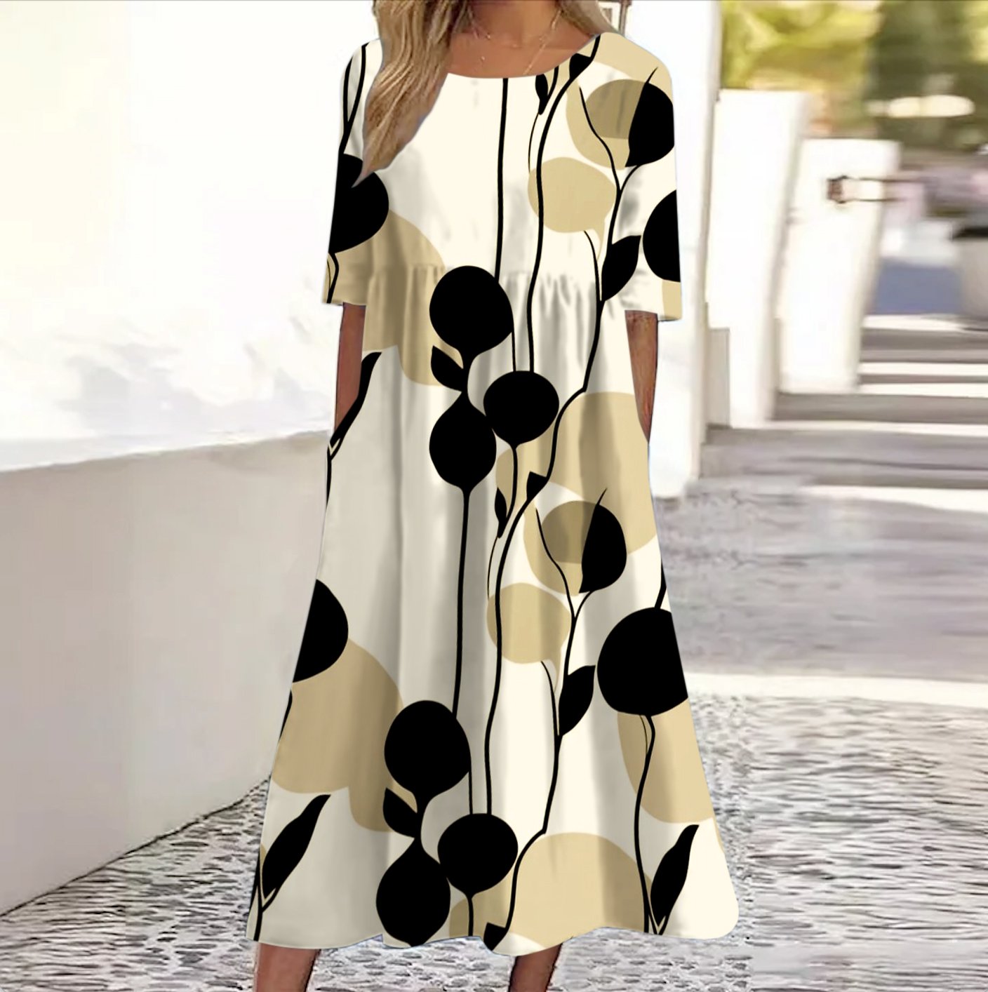 Floral Regular Fit Crew Neck Casual Dress With No