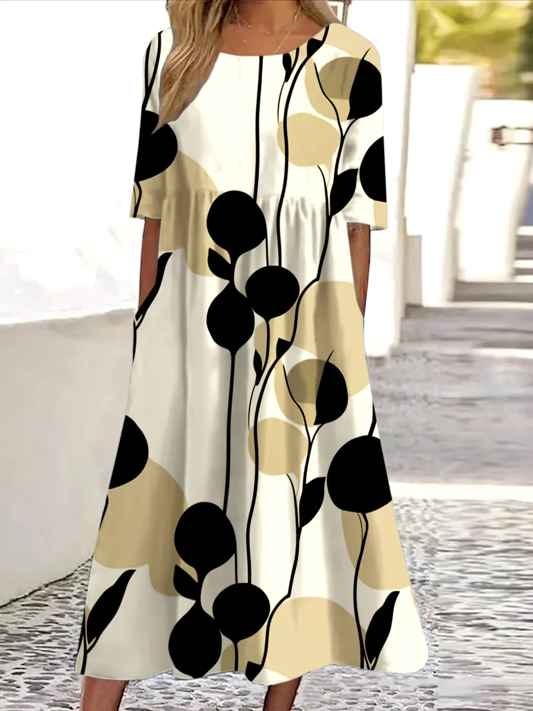 Floral Regular Fit Crew Neck Casual Dress With No