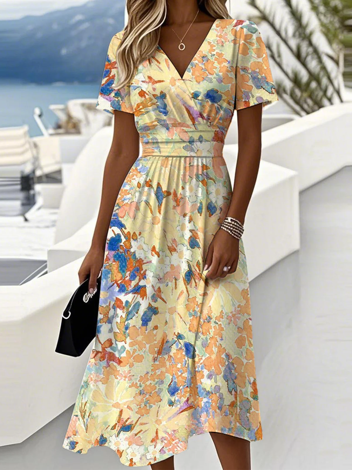 Casual V Neck Regular Fit Dress With No