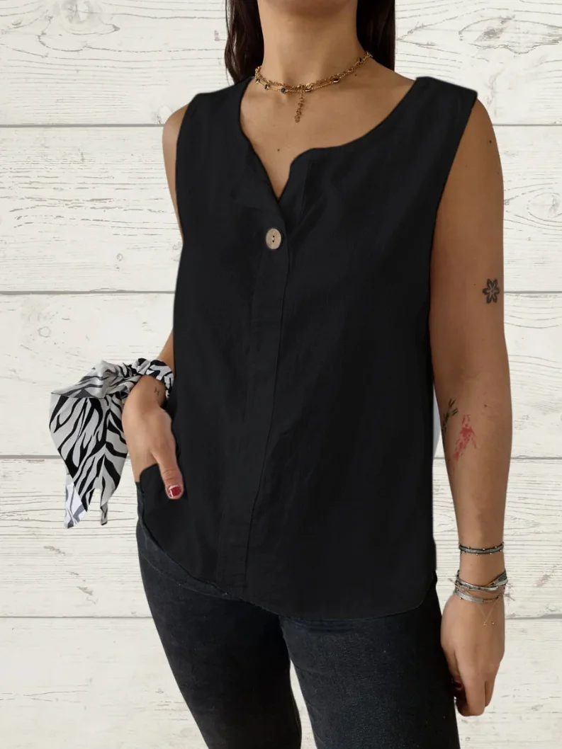 European and American summer new loose solid color sleeveless vest shirt ladies V-neck cotton and linen button top