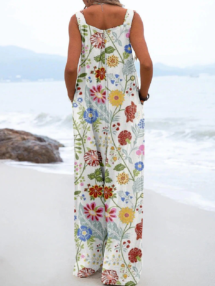 Linen Blend Floral Casual Jumpsuit