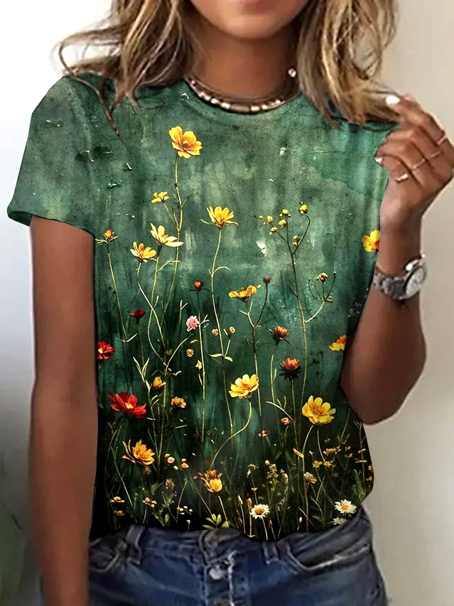 Crew Neck Casual Painting Cotton T-Shirt