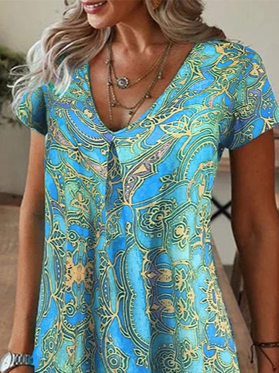 Women's Abstract Floral Print V-Neck Short Sleeve Dress