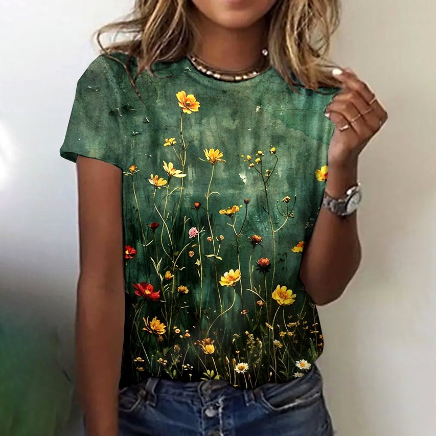 Crew Neck Casual Painting Cotton T-Shirt
