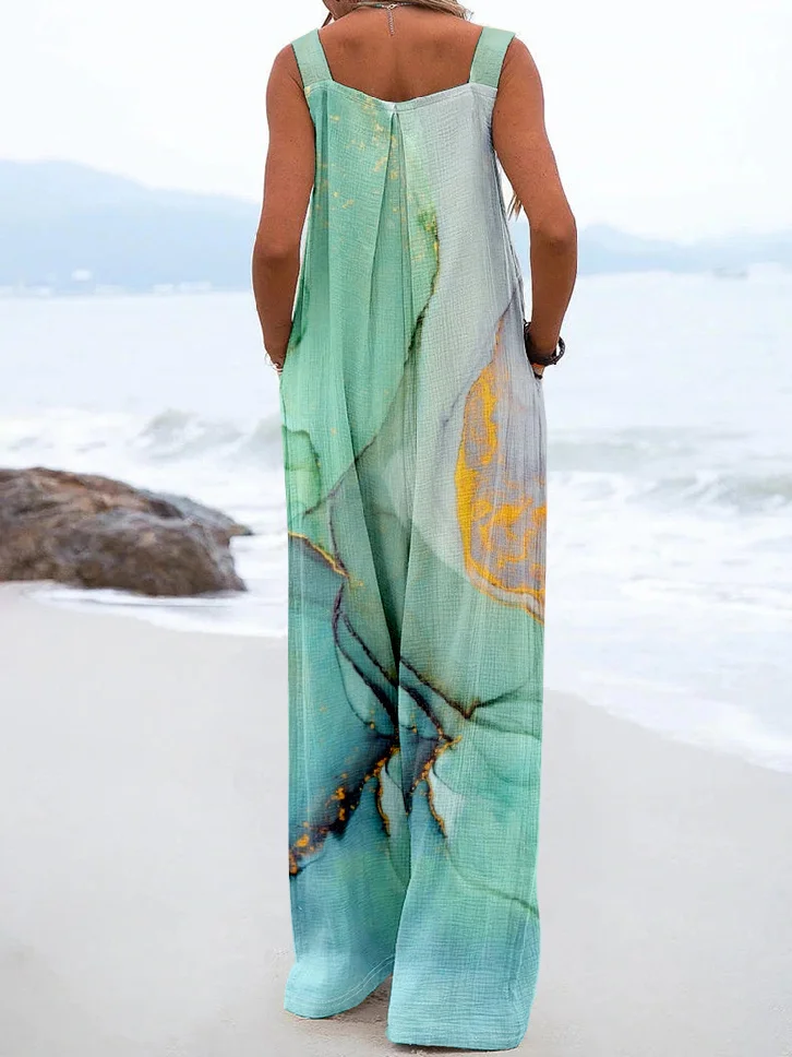 Vintage Loose Linen Blend Gradient Pattern Jumpsuit
